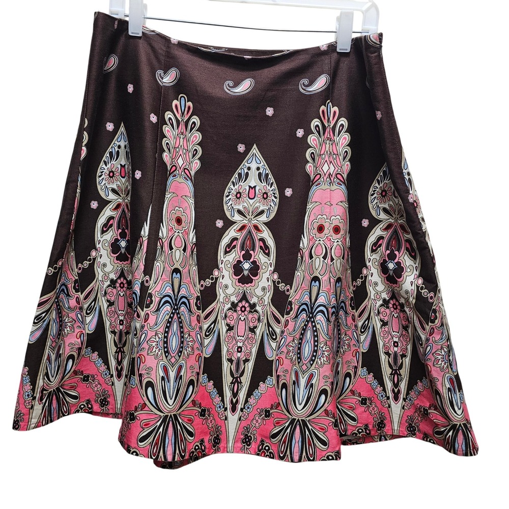 Lane Bryant Brown Paisley Floral A-Line Midi Retro Art Boho Skirt Pink Cotton 14
